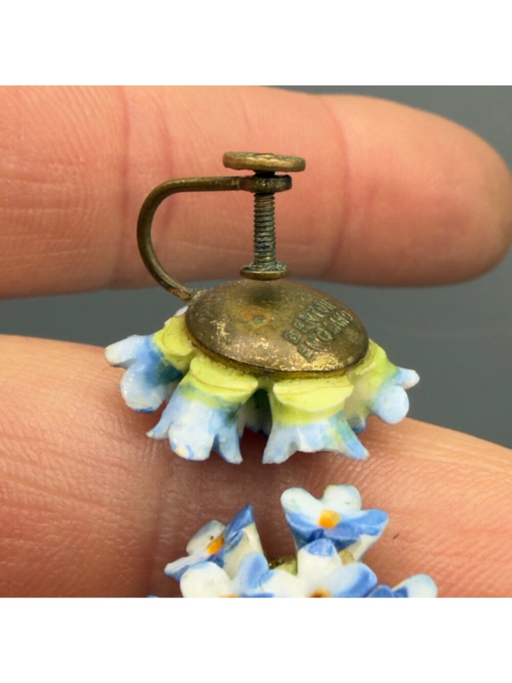 Vintage Denton England Blue Yellow Porcelain Flower Cluster Earrings Set of 2 - Picture 10 of 14